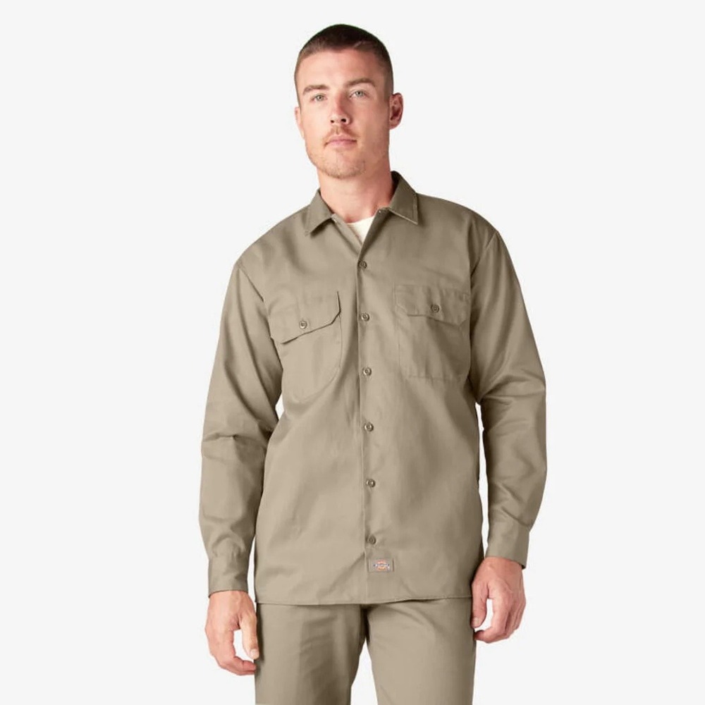 Dickies Khaki Tan Long Sleeve Work‎ Shirt Button Down - Size L